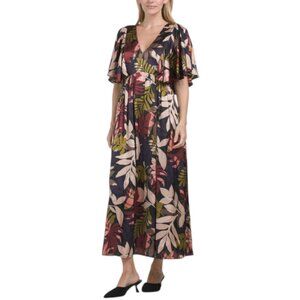 IN FEBRUARY Tropical Print Flutter Sleeve Satin Midi Dress
